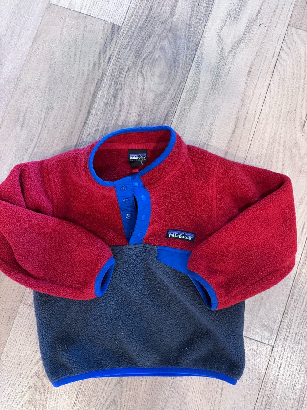 Patagonia Kids Red & Gray Fleece Snap Pullover with Blue Trim